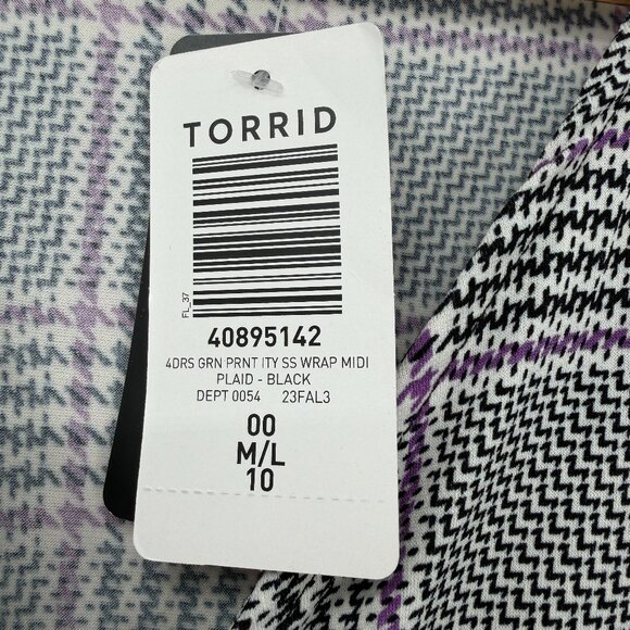 Torrid Plaid Wrap Midi Dress Ruched Sleeves Black Gray Purple Women’s 00 (M/L10) - Picture 7 of 11